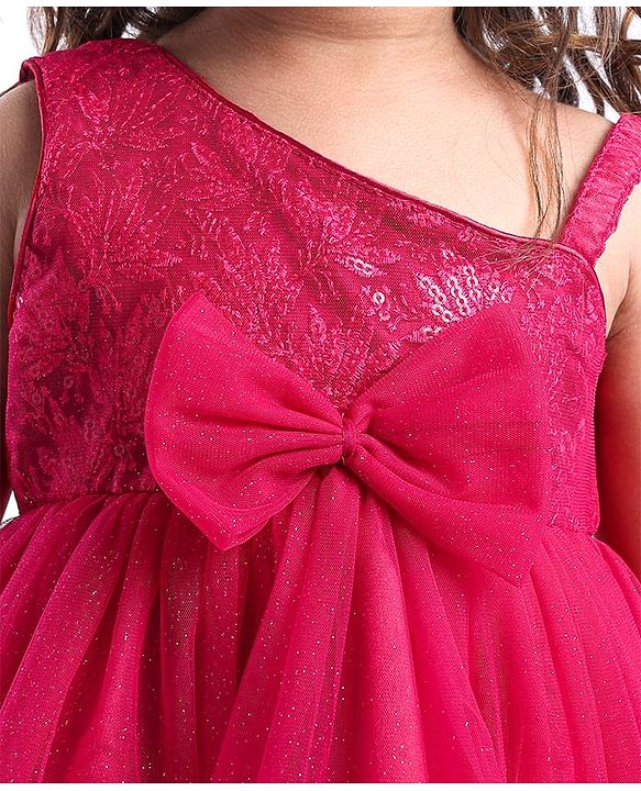 Babyhug  Woven Sleeveless  Party Wear Fit & Flare  Glitter Dress With Embroidery Details & Bow Applique - Dark Pink