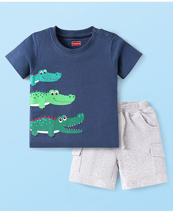 Babyhug Single Jersey Knit Half Sleeves T-Shirt & Shorts Set with Dino Print - Navy Blue & Grey