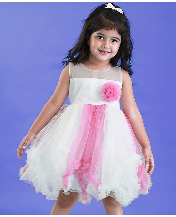 Babyhug Woven Sleeveless Party Dress With Glitter Print & Floral Applique - White & Pink