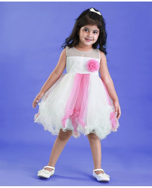 Babyhug Woven Sleeveless Party Dress With Glitter Print & Floral Applique - White & Pink