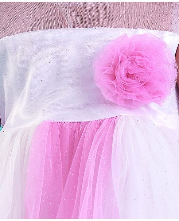 Babyhug Woven Sleeveless Party Dress With Glitter Print & Floral Applique - White & Pink