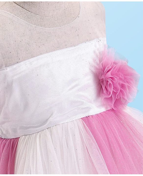 Babyhug Woven Sleeveless Party Dress With Glitter Print & Floral Applique - White & Pink