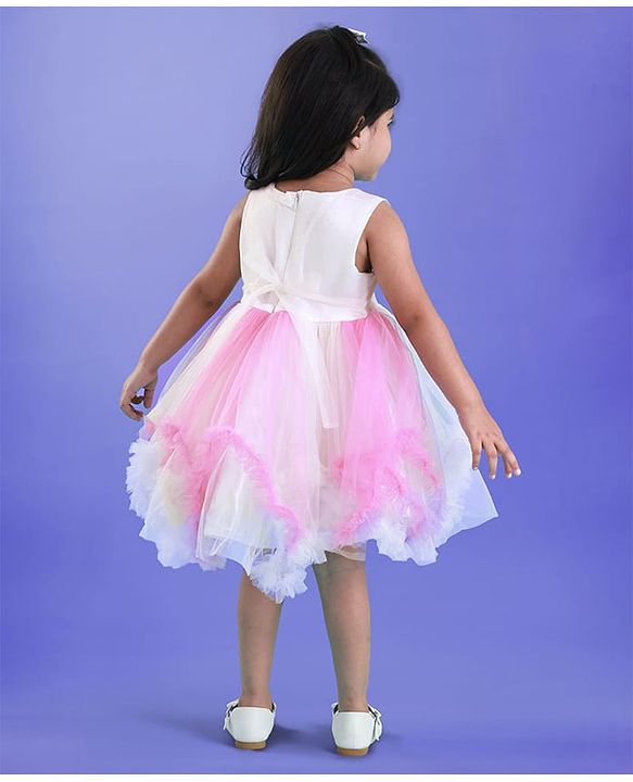 Babyhug Woven Sleeveless Party Dress With Glitter Print & Floral Applique - White & Pink