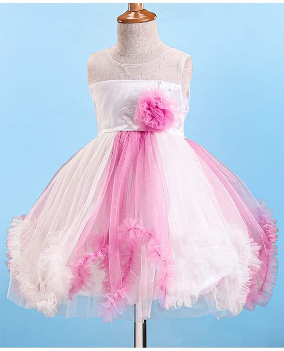 Babyhug Woven Sleeveless Party Dress With Glitter Print & Floral Applique - White & Pink