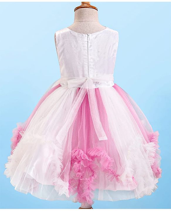 Babyhug Woven Sleeveless Party Dress With Glitter Print & Floral Applique - White & Pink