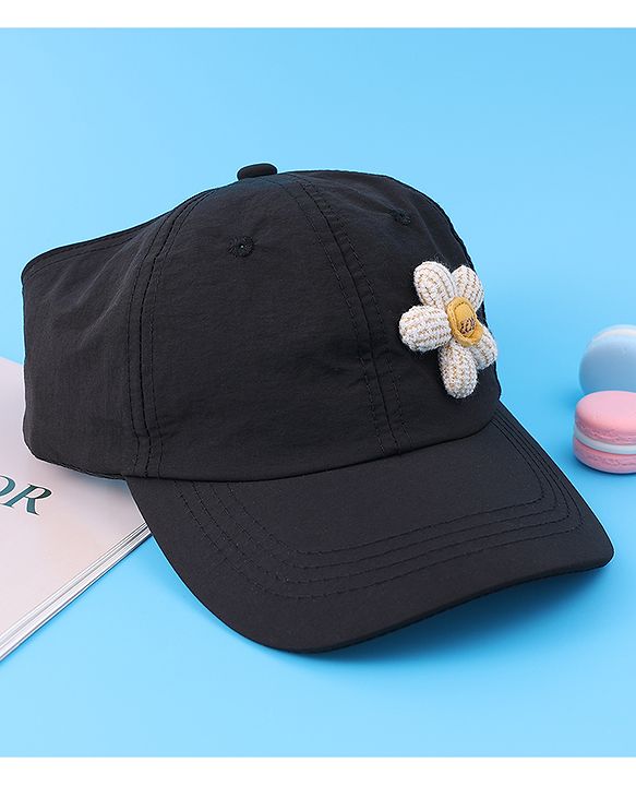 Babyhug Free Size Baseball Cap With Floral Applique - Black
