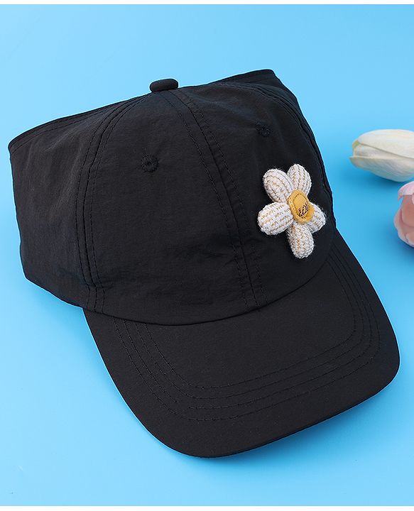 Babyhug Free Size Baseball Cap With Floral Applique - Black