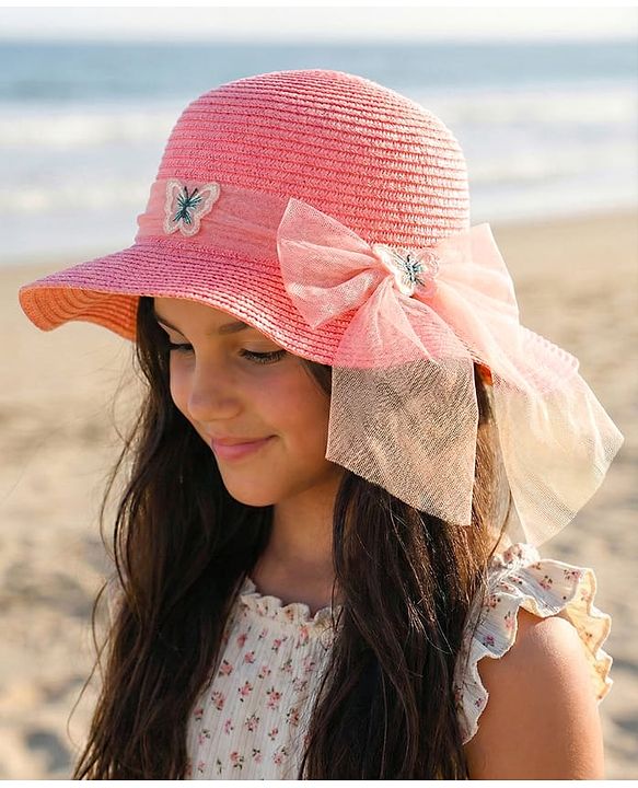Pine Kids Straw Hat With Butterfly Applique Pink - Diameter 17 cm