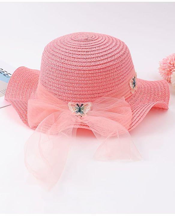 Pine Kids Straw Hat With Butterfly Applique Pink - Diameter 17 cm