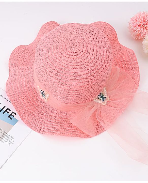 Pine Kids Straw Hat With Butterfly Applique Pink - Diameter 17 cm
