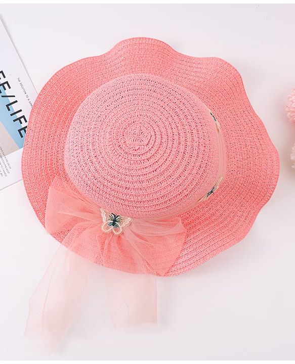 Pine Kids Straw Hat With Butterfly Applique Pink - Diameter 17 cm