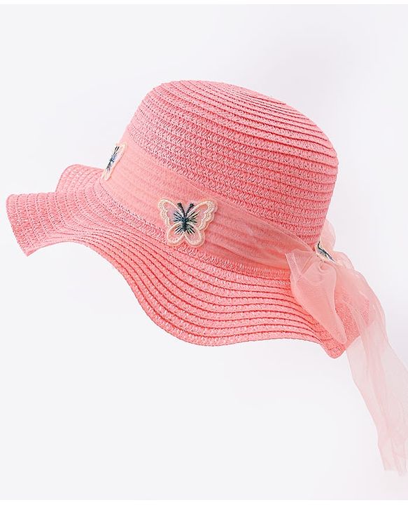 Pine Kids Straw Hat With Butterfly Applique Pink - Diameter 17 cm