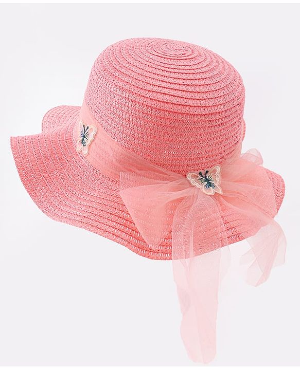 Pine Kids Straw Hat With Butterfly Applique Pink - Diameter 17 cm
