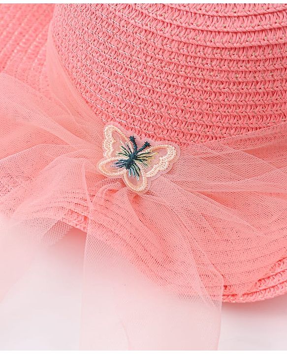 Pine Kids Straw Hat With Butterfly Applique Pink - Diameter 17 cm