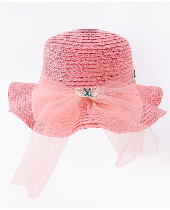 Pine Kids Straw Hat With Butterfly Applique Pink - Diameter 17 cm