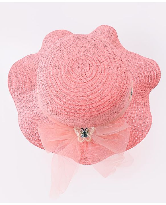 Pine Kids Straw Hat With Butterfly Applique Pink - Diameter 17 cm