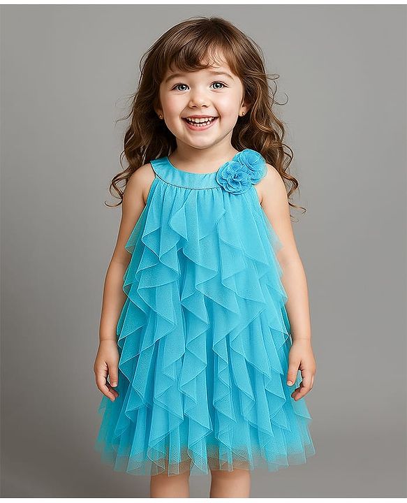 Babyhug Woven Sleeveless Dress With Ruffle & Floral Applique - Light Blue