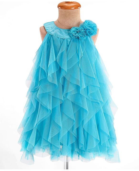 Babyhug Woven Sleeveless Dress With Ruffle & Floral Applique - Light Blue