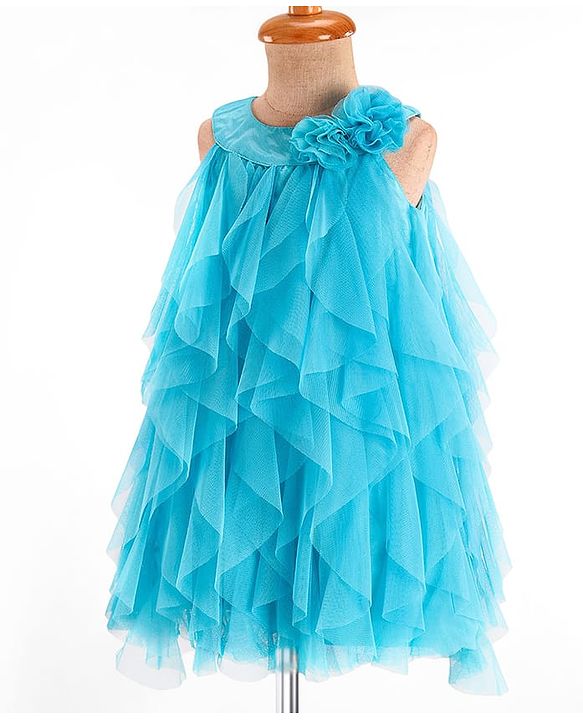 Babyhug Woven Sleeveless Dress With Ruffle & Floral Applique - Light Blue