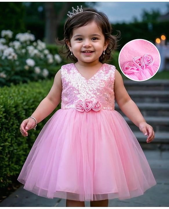 Babyhug Woven Sleeveless Party Dress With Floral Corsage & Sequinned Yoke - Pink