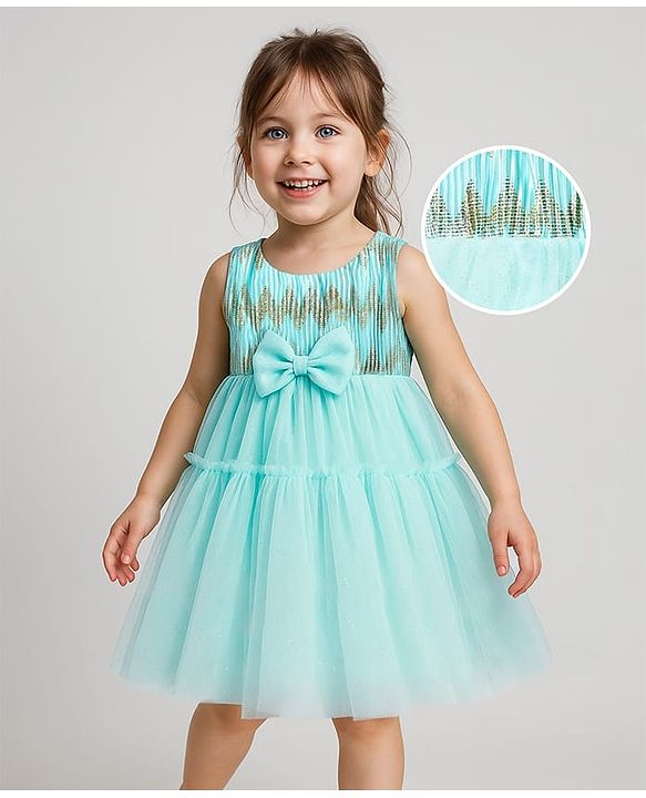 Babyhug Woven Sleeveless Shimmer Mesh Dress with Bow Applique & Designer Yoke - Aqua Blue