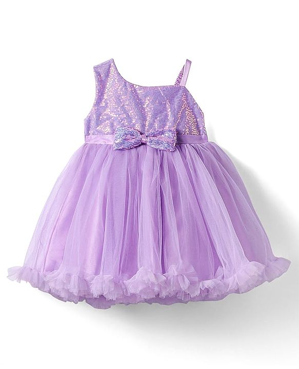 Babyhug Woven Sleeveless Sequined Yoke Fit & Flared Party Dress with Bow Applique & Frill Detailing at Hem  - Lilac