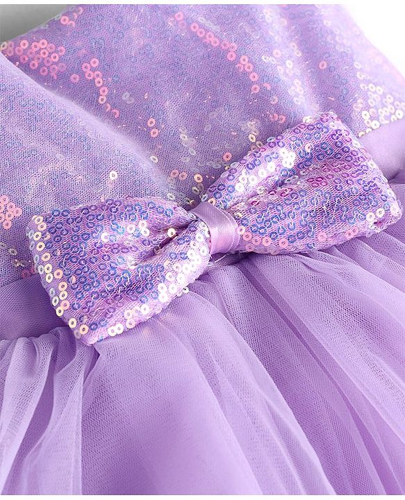 Babyhug Woven Sleeveless Sequined Yoke Fit & Flared Party Dress with Bow Applique & Frill Detailing at Hem  - Lilac