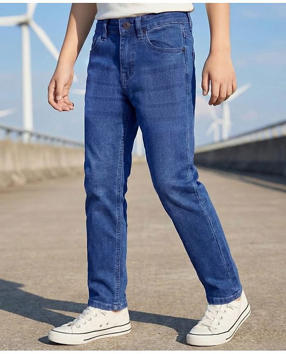 Pine Kids Woven Full Length Solid Washed Denim Jeans - Blue