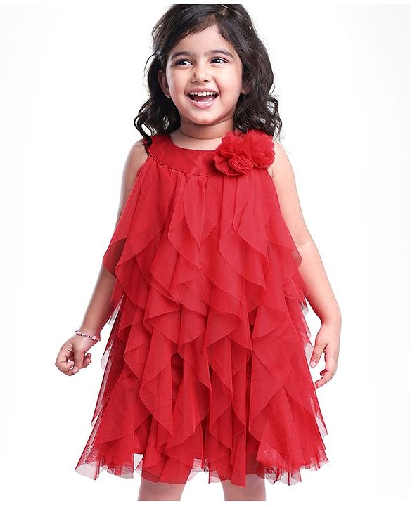 Babyhug Woven Sleeveless Line Mesh Party Dress with Ruffles & Floral Applique - Red