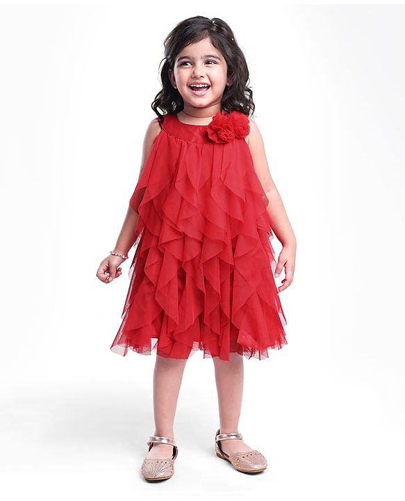 Babyhug Woven Sleeveless Line Mesh Party Dress with Ruffles & Floral Applique - Red