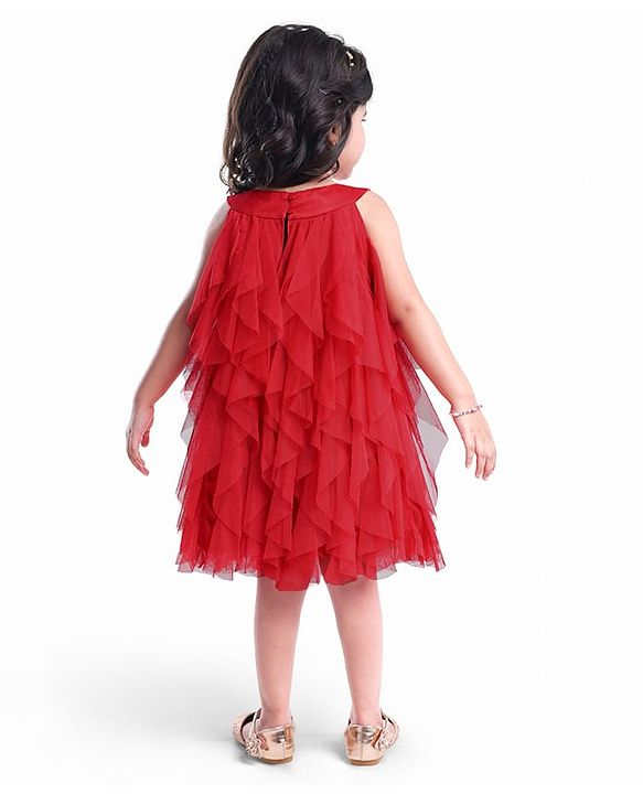 Babyhug Woven Sleeveless Line Mesh Party Dress with Ruffles & Floral Applique - Red
