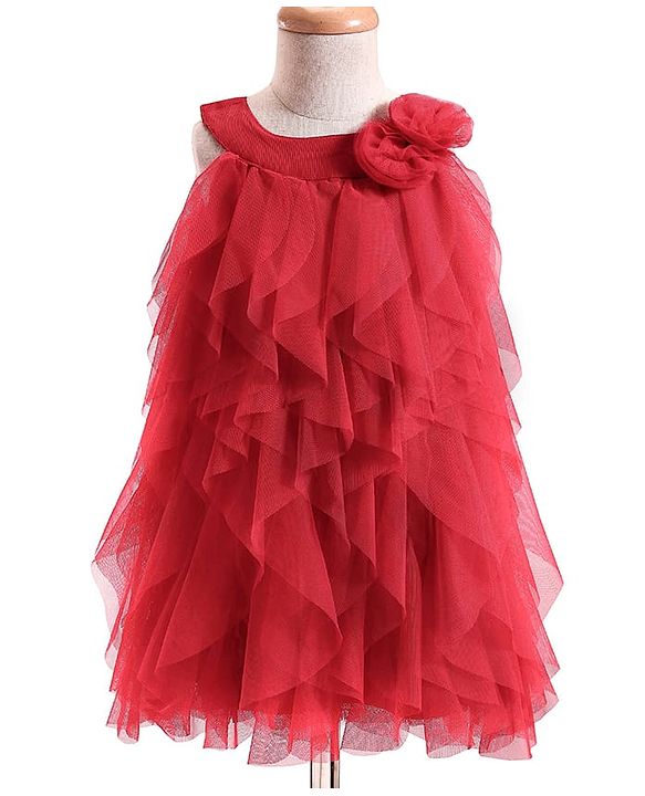 Babyhug Woven Sleeveless Line Mesh Party Dress with Ruffles & Floral Applique - Red