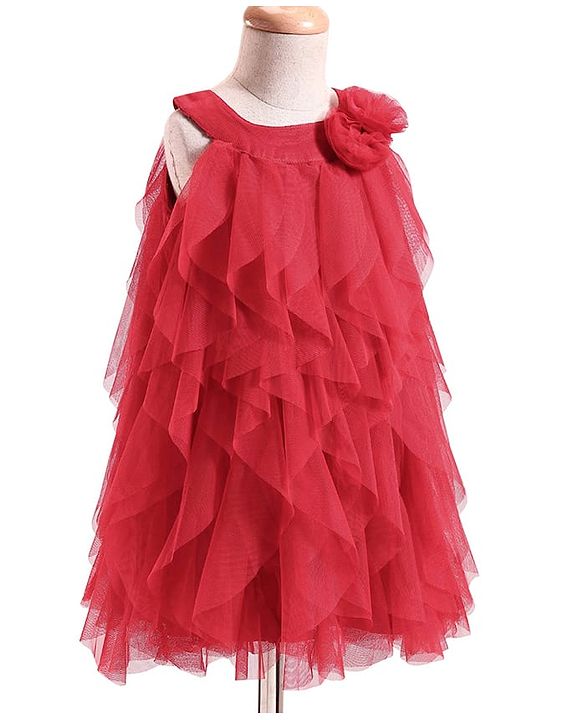 Babyhug Woven Sleeveless Line Mesh Party Dress with Ruffles & Floral Applique - Red