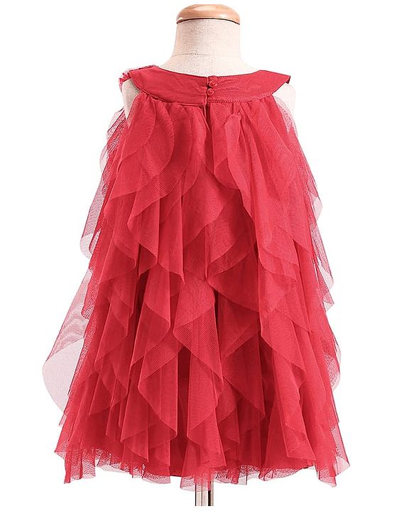 Babyhug Woven Sleeveless Line Mesh Party Dress with Ruffles & Floral Applique - Red