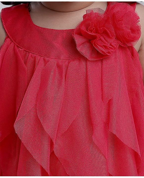 Babyhug Woven Sleeveless Line Mesh Party Dress with Ruffles & Floral Applique - Red