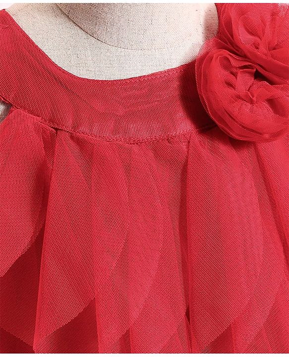 Babyhug Woven Sleeveless Line Mesh Party Dress with Ruffles & Floral Applique - Red