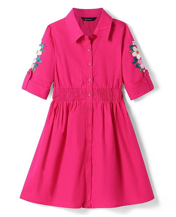 Pine Kids Cotton Woven Full Sleeves Collared Front Open Shirt Dress with Floral Embroidery - Dark Pink