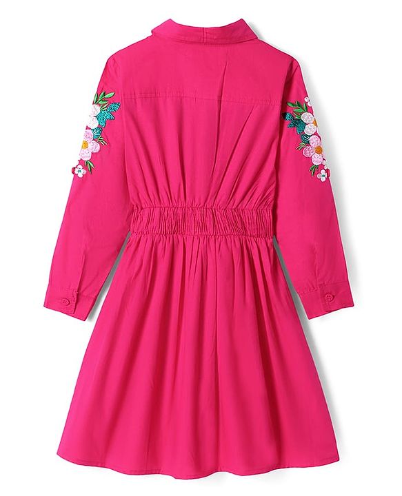 Pine Kids Cotton Woven Full Sleeves Collared Front Open Shirt Dress with Floral Embroidery - Dark Pink