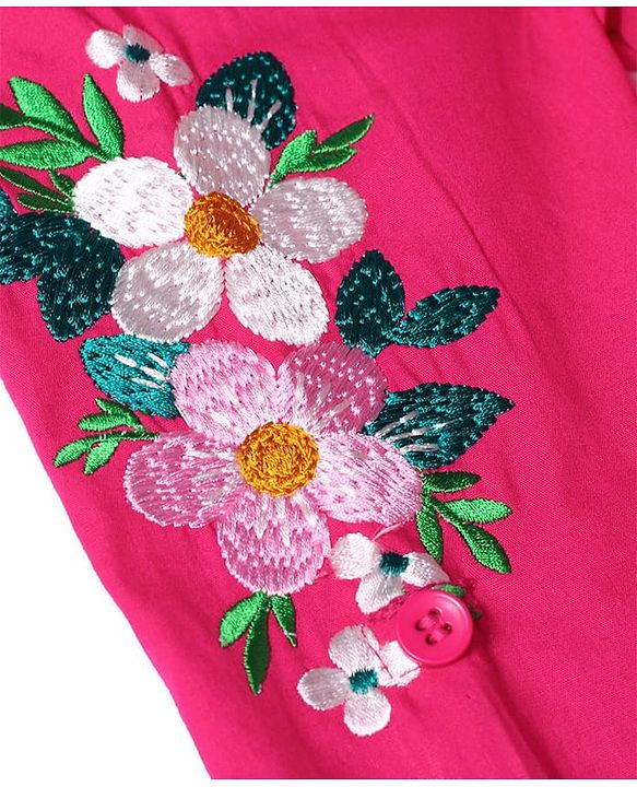 Pine Kids Cotton Woven Full Sleeves Collared Front Open Shirt Dress with Floral Embroidery - Dark Pink