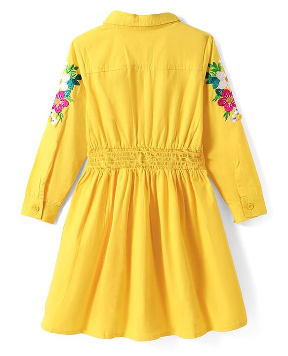 Pine Kids Cotton Woven Full Sleeves Front Open Collared Shirt Dress with Floral Embroidery - Yellow