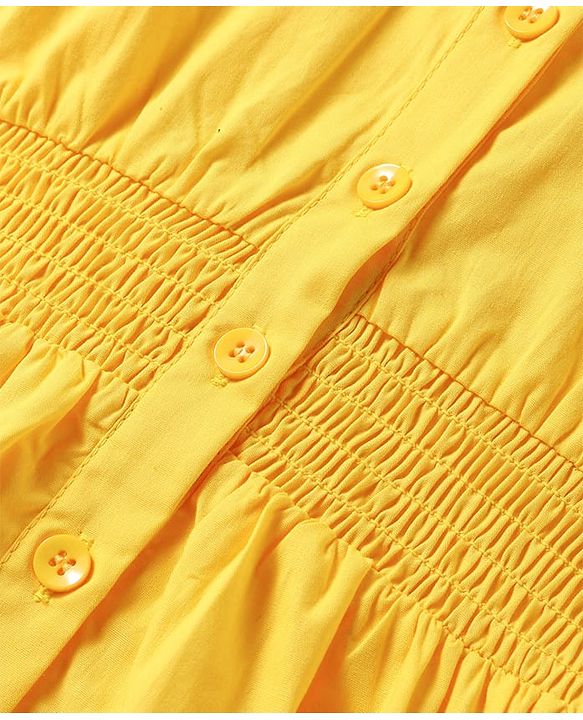 Pine Kids Cotton Woven Full Sleeves Front Open Collared Shirt Dress with Floral Embroidery - Yellow