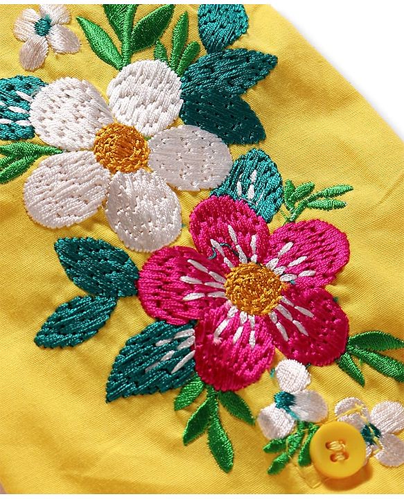 Pine Kids Cotton Woven Full Sleeves Front Open Collared Shirt Dress with Floral Embroidery - Yellow