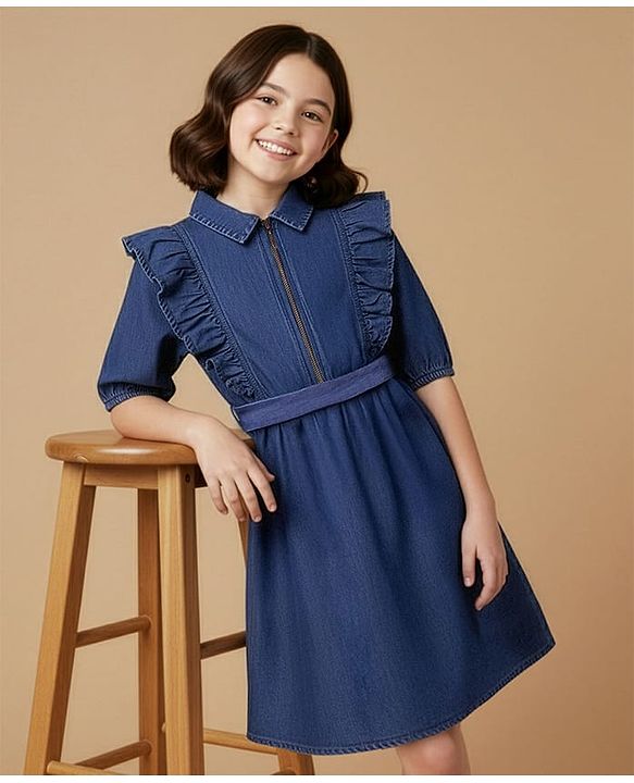 Pine Kids Cotton Woven Half Peasant Sleeves Collared Frock with Frill Detailing - Navy Blue