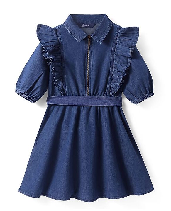 Pine Kids Cotton Woven Half Peasant Sleeves Collared Frock with Frill Detailing - Navy Blue