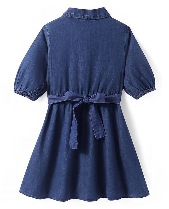 Pine Kids Cotton Woven Half Peasant Sleeves Collared Frock with Frill Detailing - Navy Blue