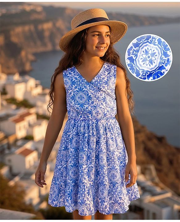 Pine Kids Woven Sleeveless Dress With Floral Print - Blue