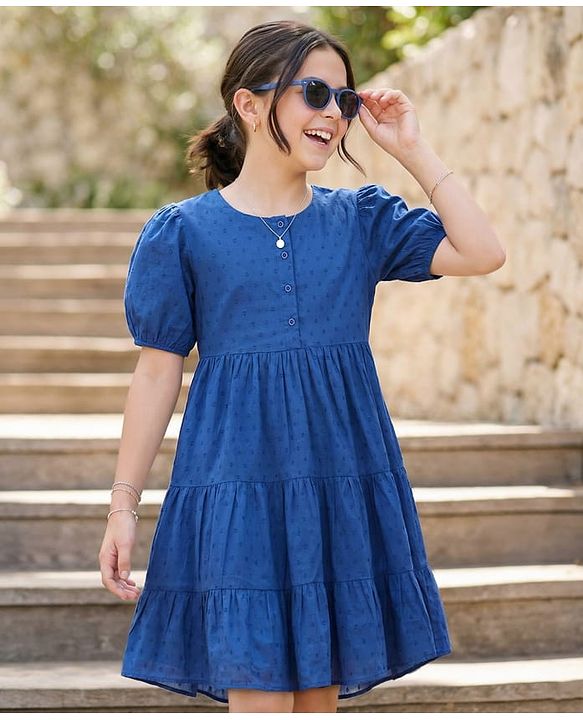 Pine Kids Cotton Woven Half Puffed Sleeves Frock with Small Embroidery - Blue