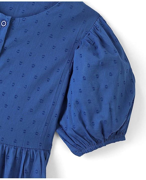 Pine Kids Cotton Woven Half Puffed Sleeves Frock with Small Embroidery - Blue