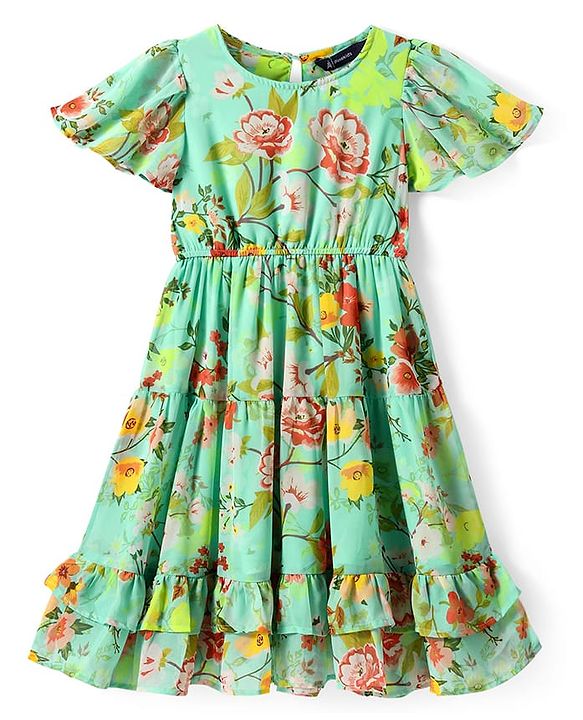 Pine Kids Woven Flutter Sleeves Frock with Floral Print & Frill Detailing - Light Green