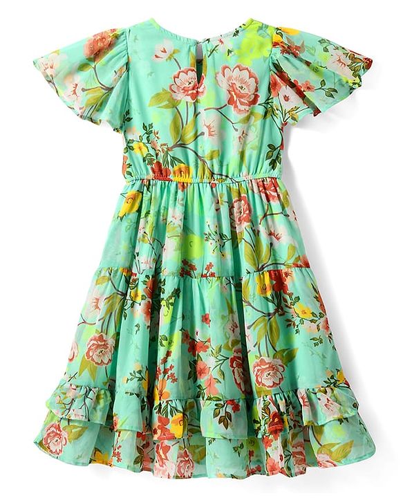 Pine Kids Woven Flutter Sleeves Frock with Floral Print & Frill Detailing - Light Green